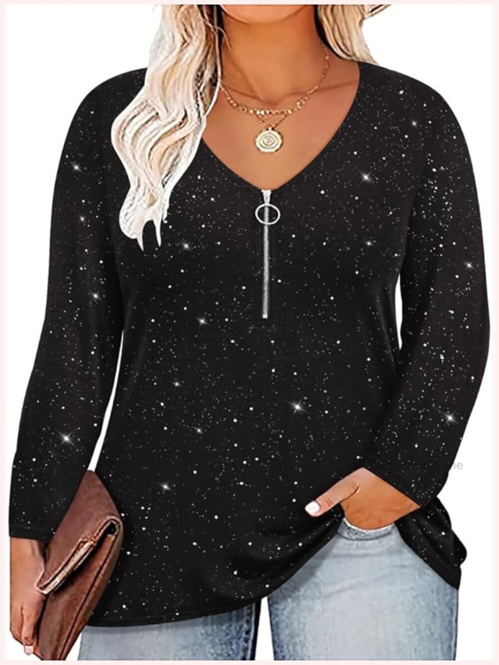 Plus Size Long Sleeve Half Zipper V Neck Blouses for Women